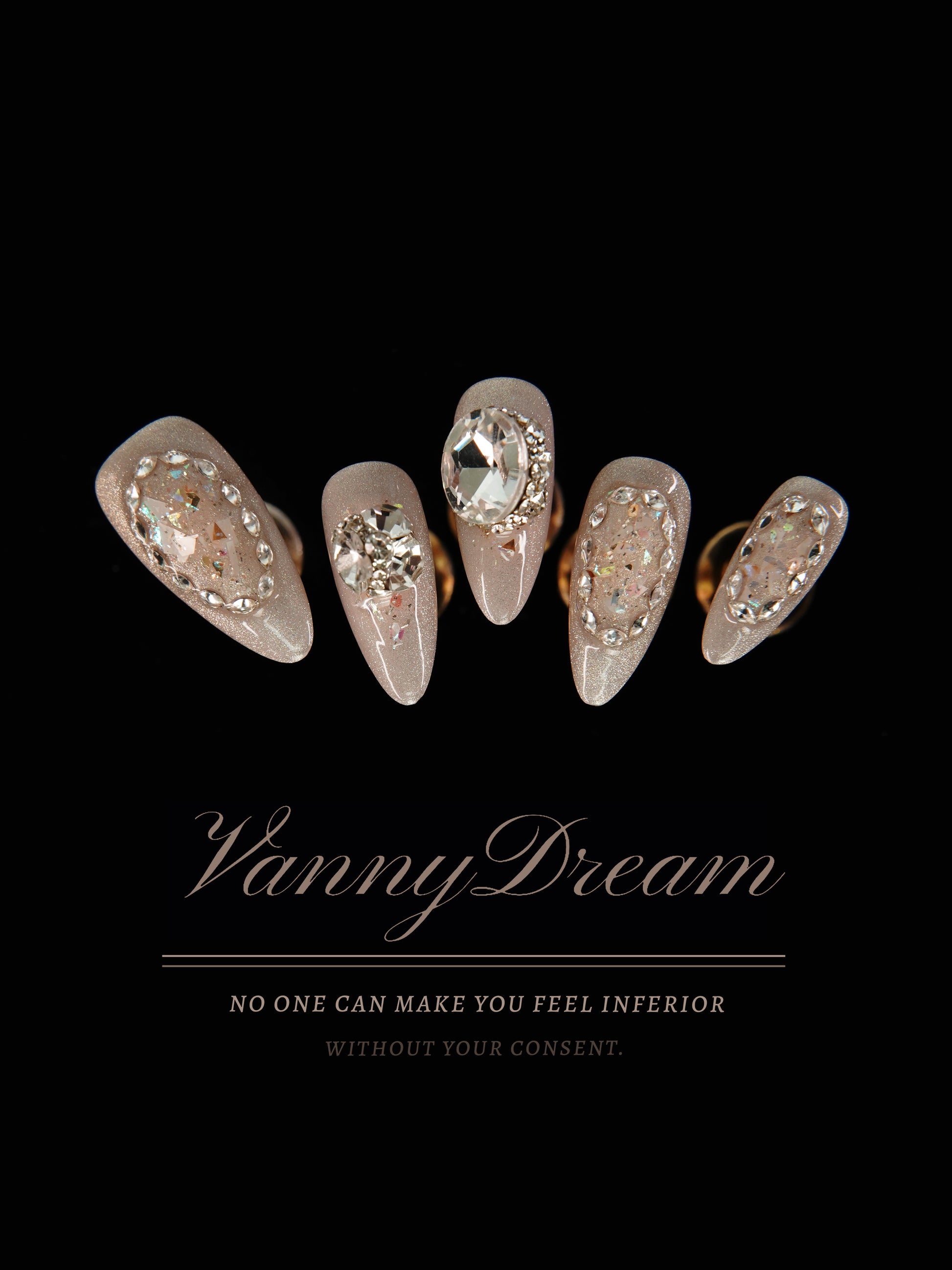 VannyDream Almond - Shaped Gem - Encrusted Wearable Nails: Graceful Glamour Redefined