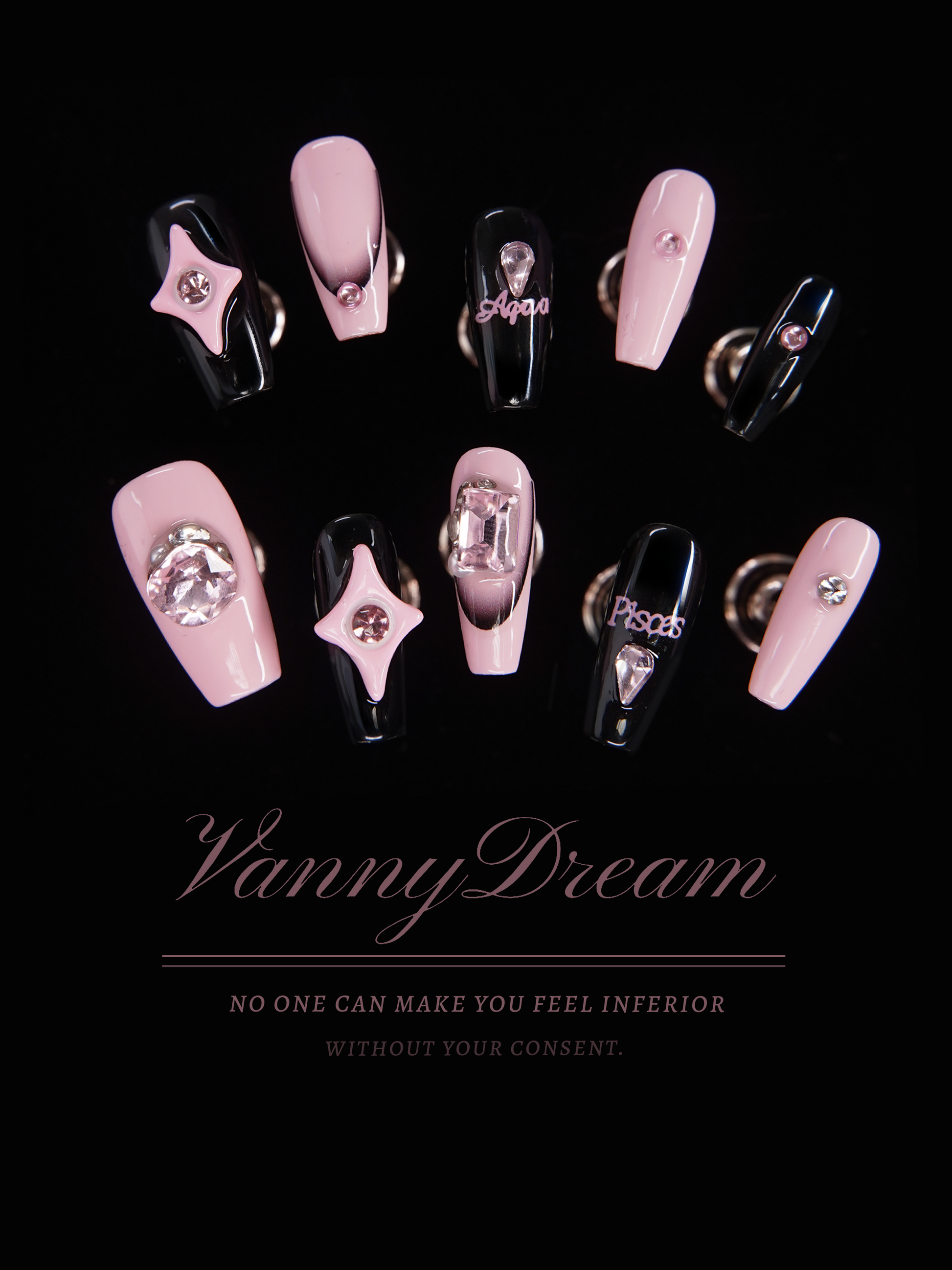 VannyDream Pink - Black Contrast Wearable Nails: Edgy Romance, Zodiac Charm