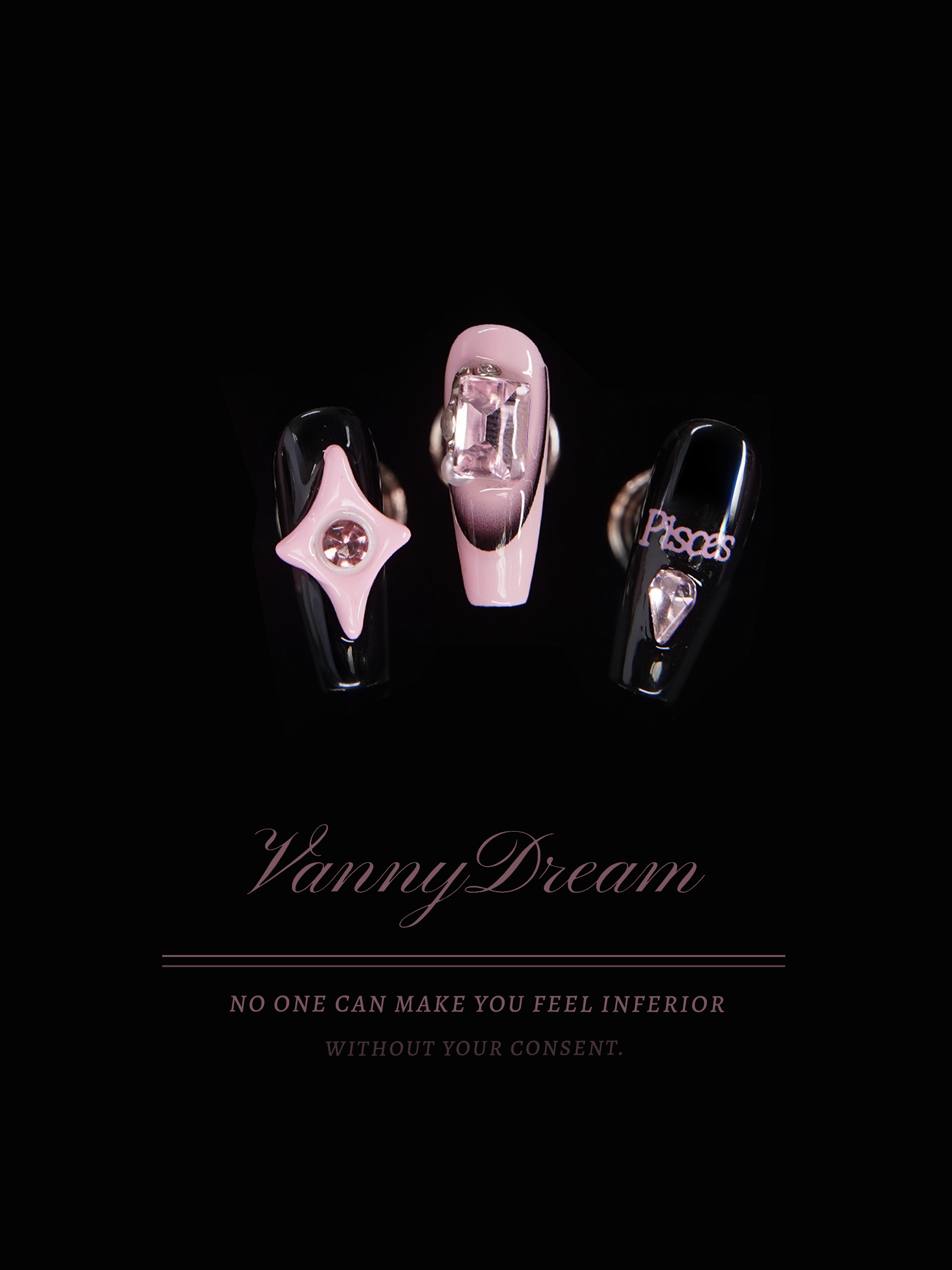 VannyDream Pink - Black Contrast Wearable Nails: Edgy Romance, Zodiac Charm