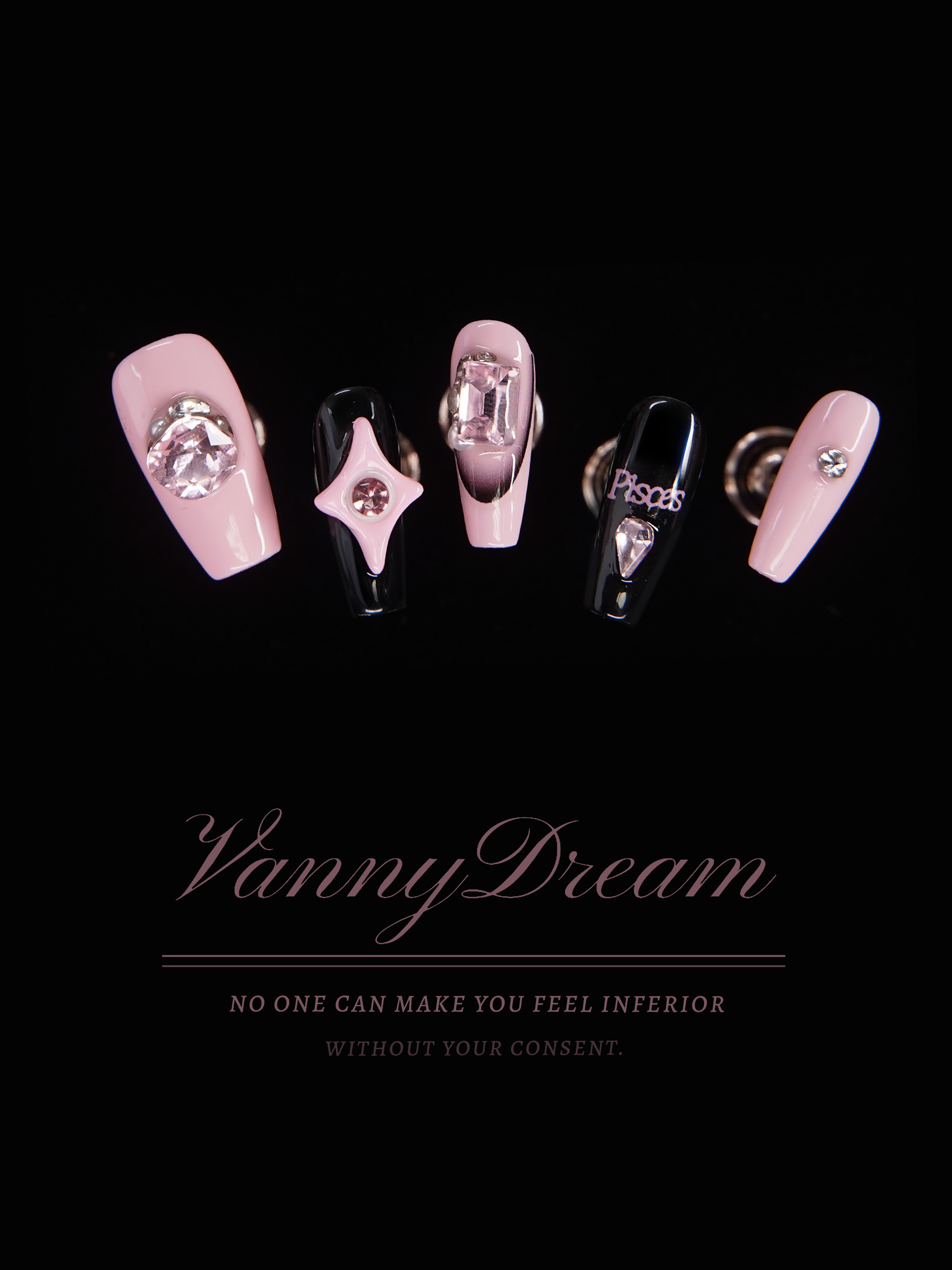 VannyDream Pink - Black Contrast Wearable Nails: Edgy Romance, Zodiac Charm