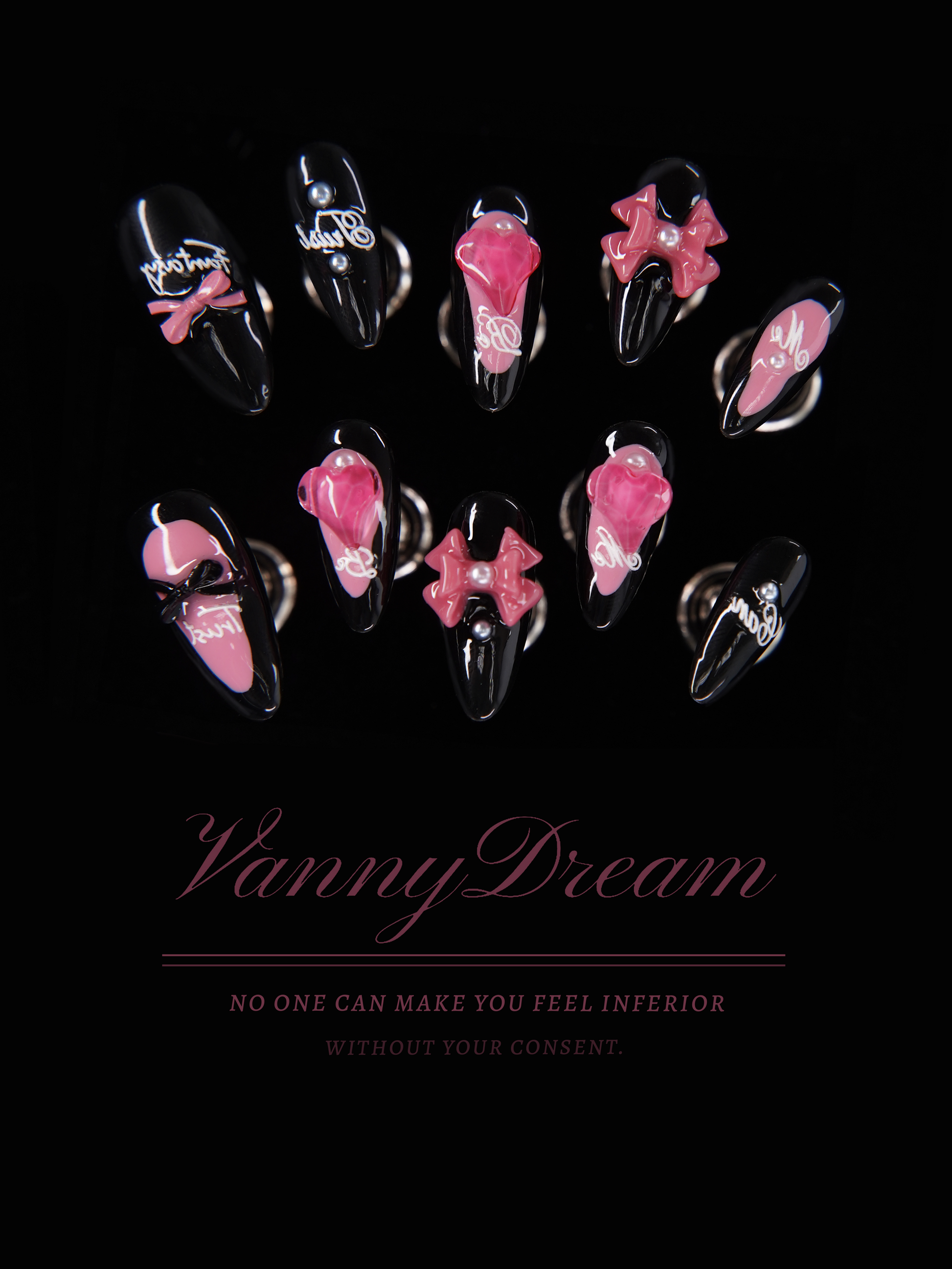 VannyDream Black - Pink Bow & Script Wearable Nails: Edgy Romance, Personalized Flair