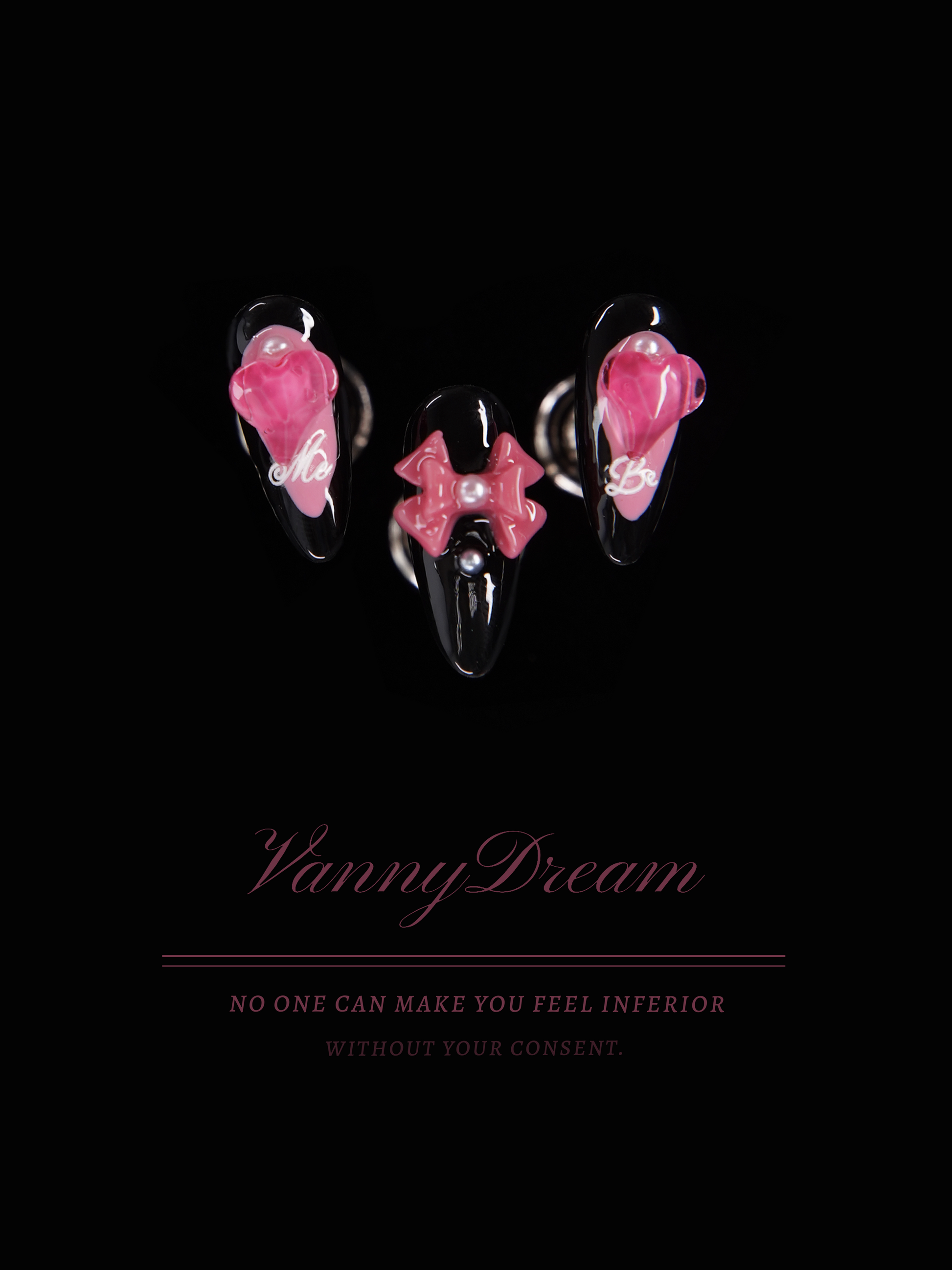VannyDream Black - Pink Bow & Script Wearable Nails: Edgy Romance, Personalized Flair