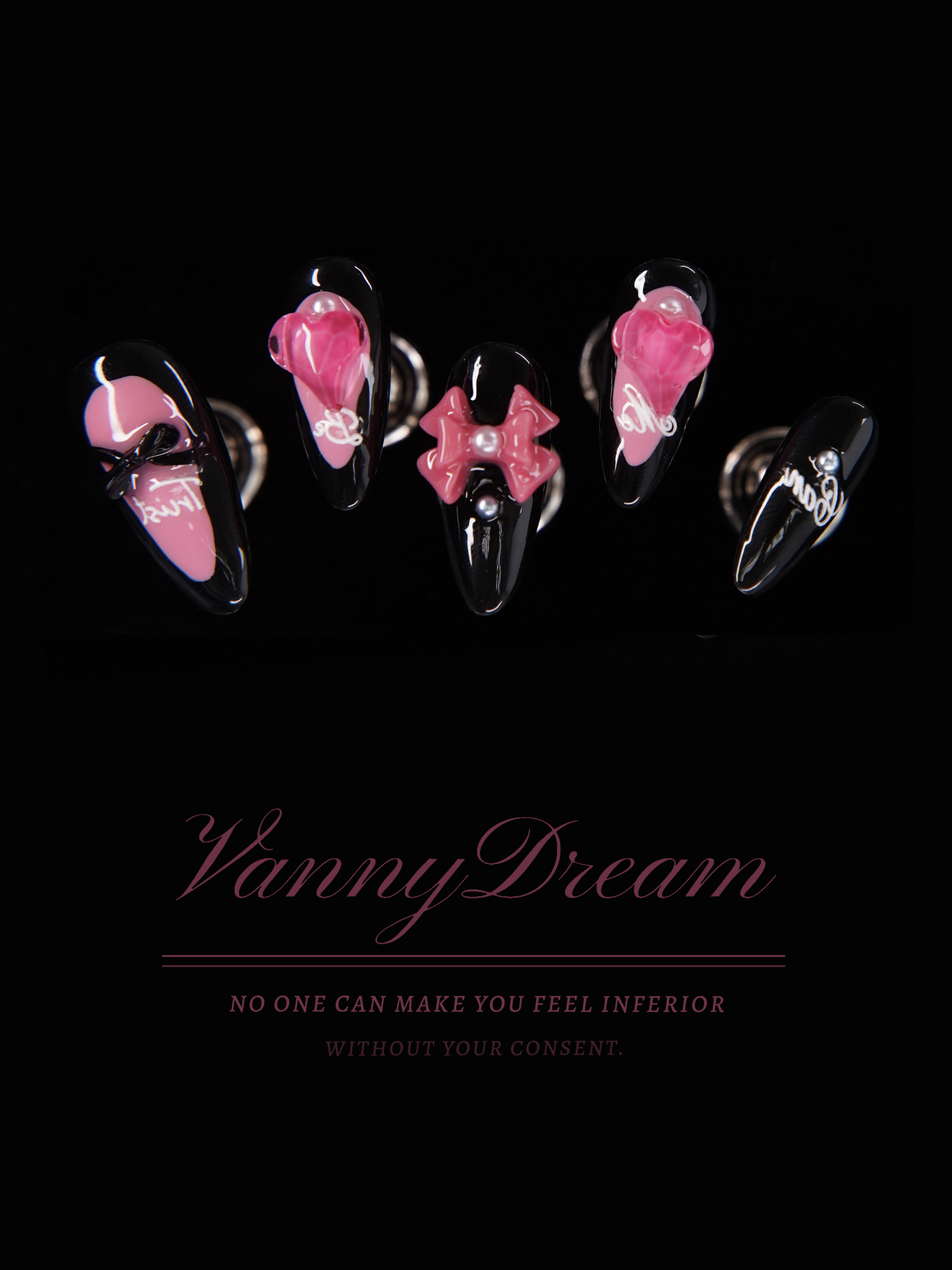 VannyDream Black - Pink Bow & Script Wearable Nails: Edgy Romance, Personalized Flair